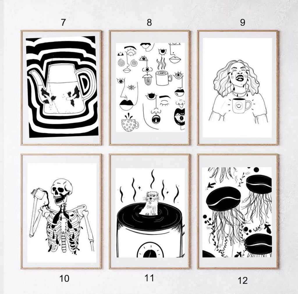 Coffee shop art prints | the bean loft art prints | the bean loft | coffee themed art | coffee art | prints | black and white prints | gift
