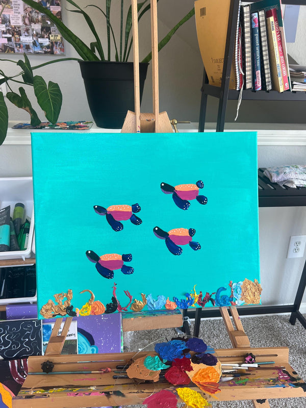 Turtles painting. Multimedia art. Beach art. Ocean art. Beach decor. Turtle decor. Colorful art. Colorful painting. Simone’s little shoppe.