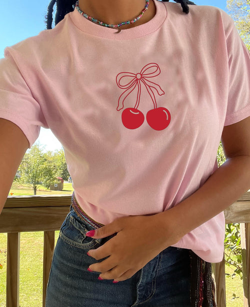 Cherry bow baby tee. Cute tee. Cherry shirt. Bow shirt. Cottage core. Girly girl shirt. Christmas. Gift ideas. Gifts for her