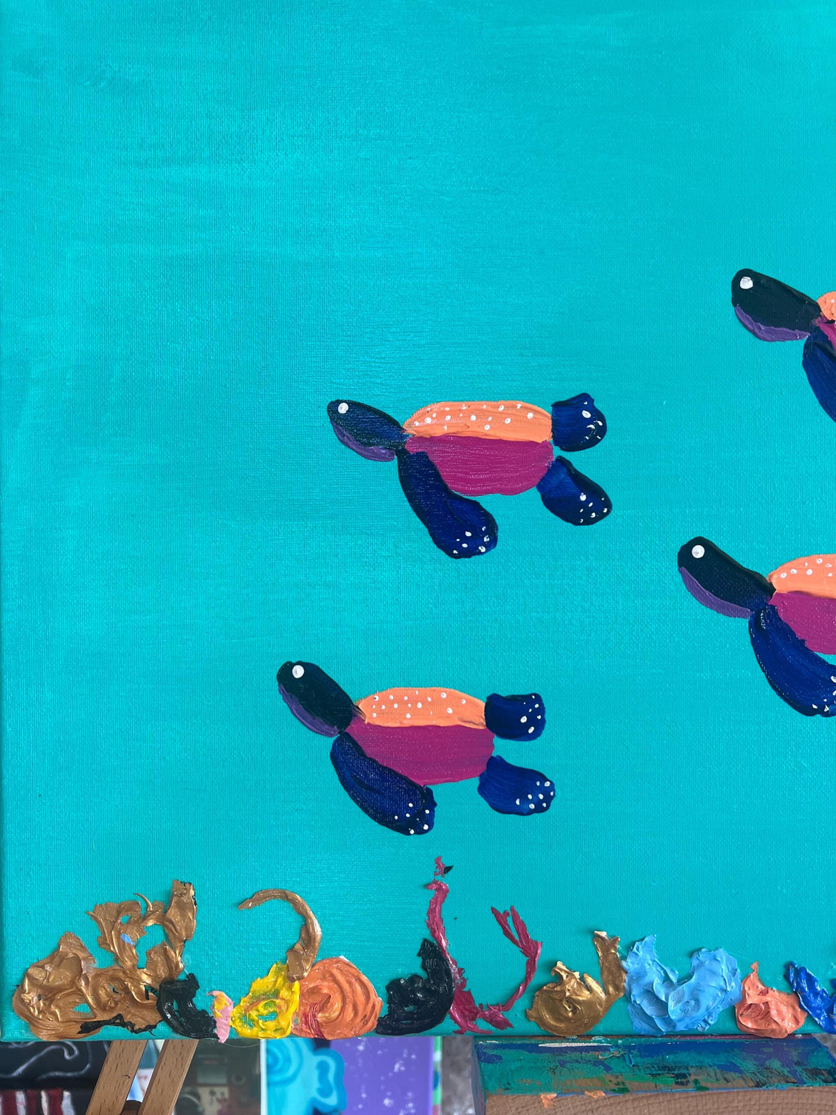 Turtles painting. Multimedia art. Beach art. Ocean art. Beach decor. Turtle decor. Colorful art. Colorful painting. Simone’s little shoppe.