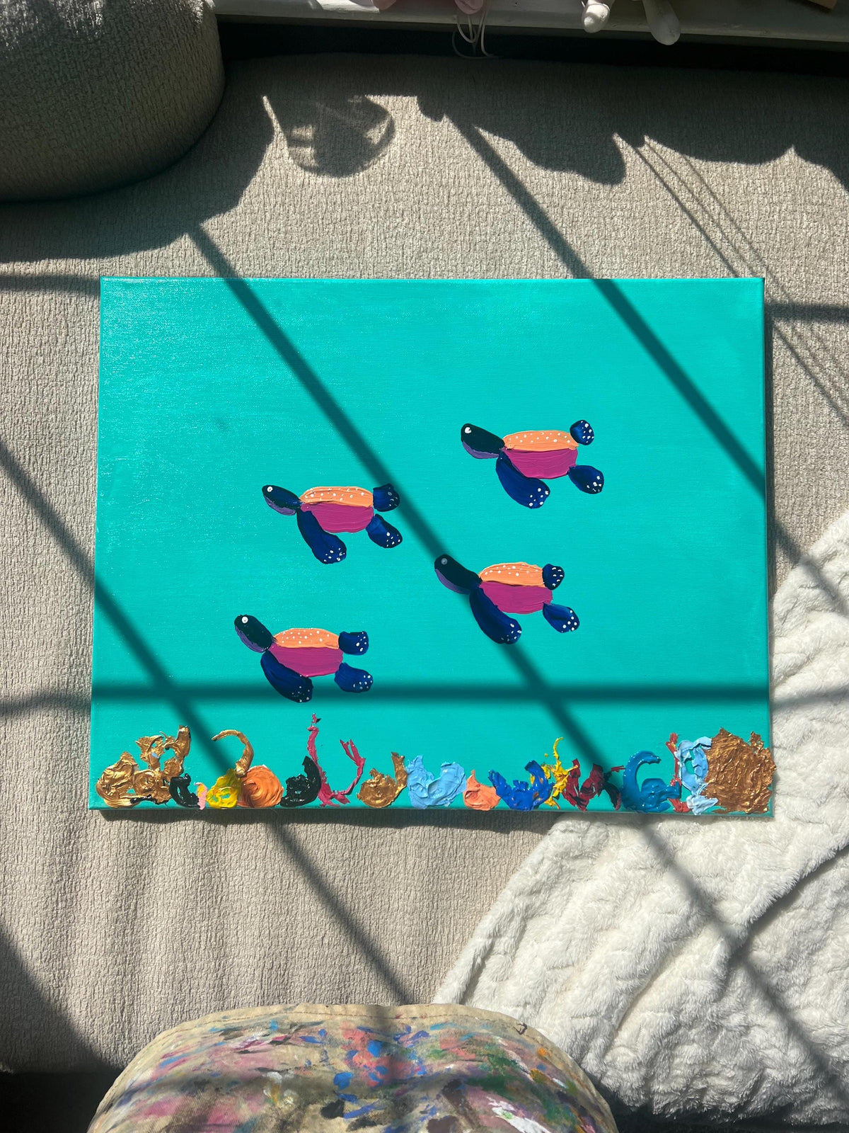 Turtles painting. Multimedia art. Beach art. Ocean art. Beach decor. Turtle decor. Colorful art. Colorful painting. Simone’s little shoppe.