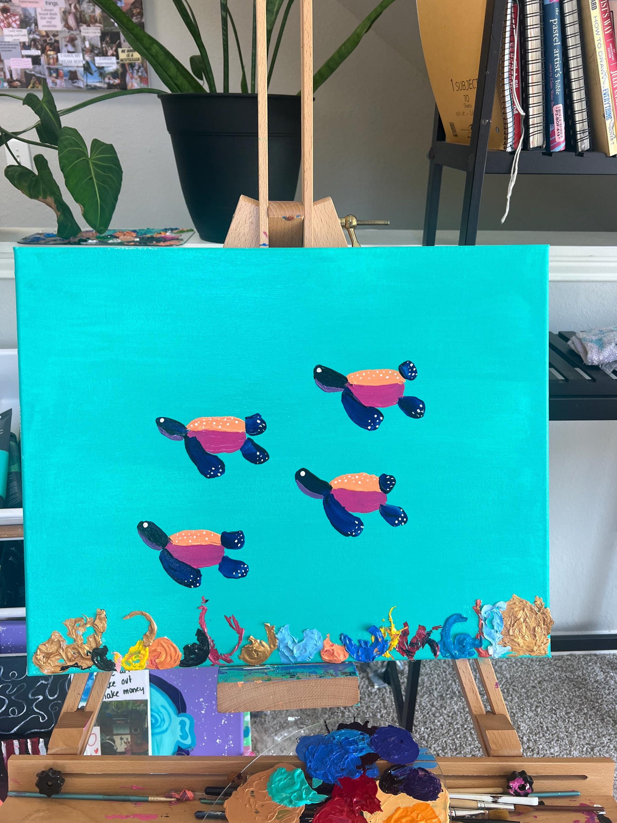 Turtles painting. Multimedia art. Beach art. Ocean art. Beach decor. Turtle decor. Colorful art. Colorful painting. Simone’s little shoppe.