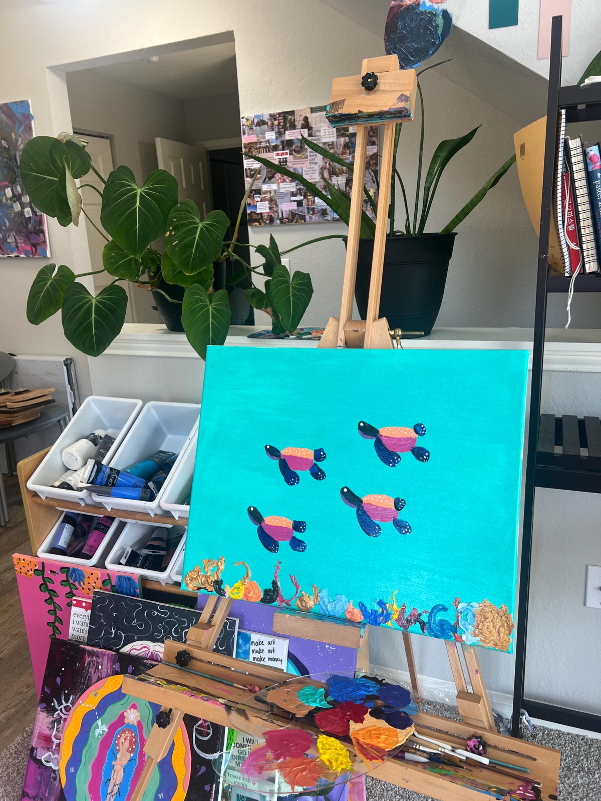 Turtles painting. Multimedia art. Beach art. Ocean art. Beach decor. Turtle decor. Colorful art. Colorful painting. Simone’s little shoppe.