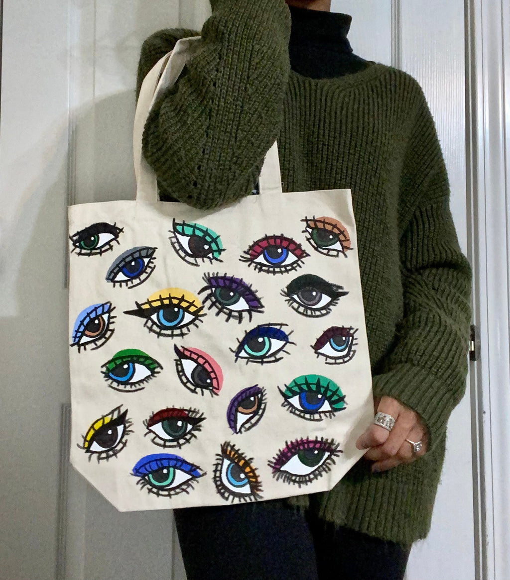 Optic Totes | hand painted | eye | tote bag | trendy | bag | purse | painted | colorful | cute | outfit | handbag | boho | hippie | canvas |