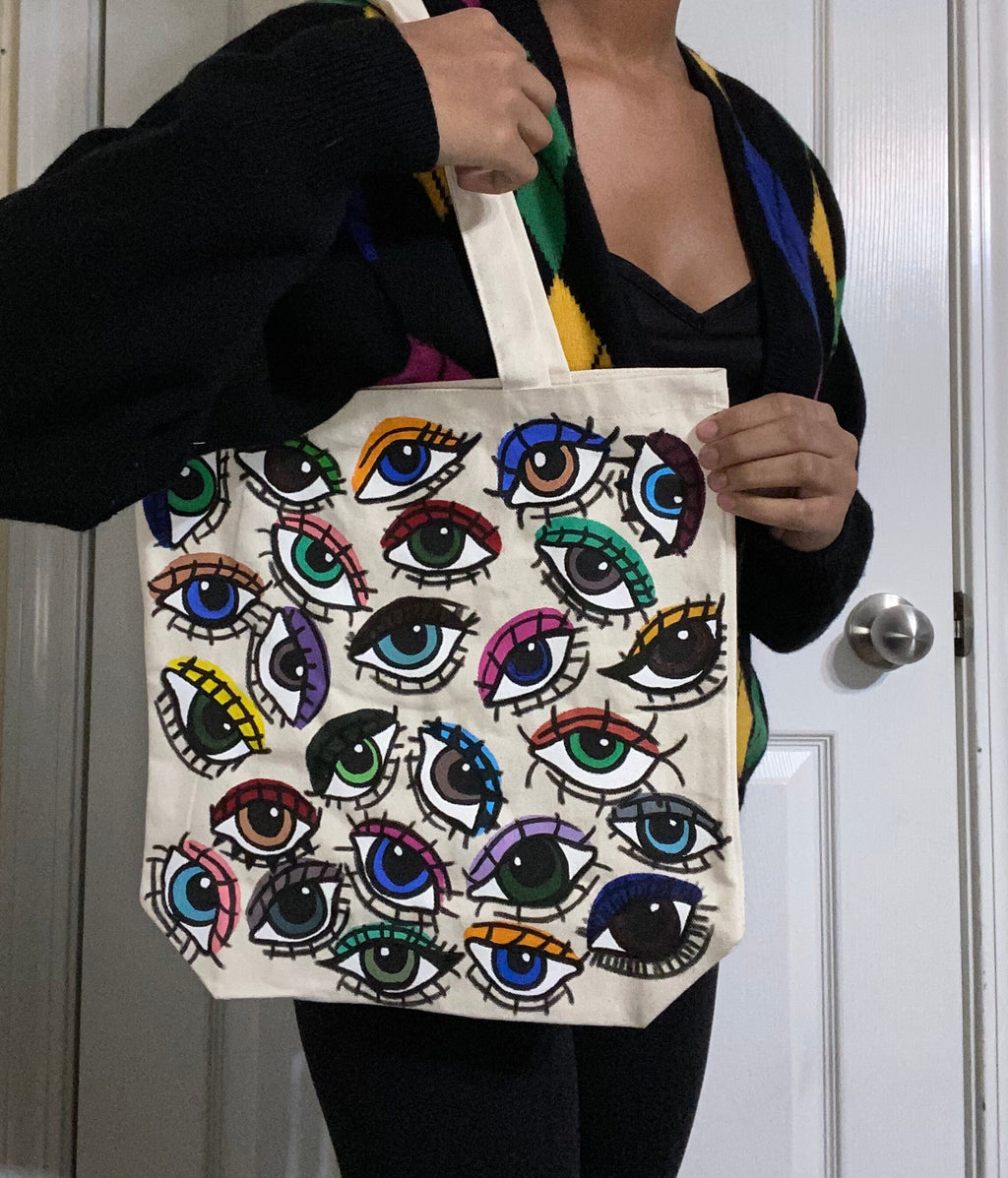 Optic Totes | hand painted | eye | tote bag | trendy | bag | purse | painted | colorful | cute | outfit | handbag | boho | hippie | canvas |
