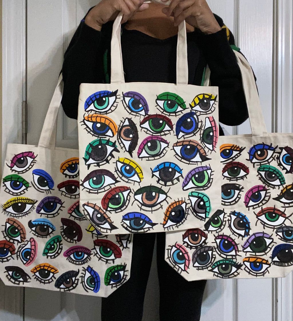 Optic Totes | hand painted | eye | tote bag | trendy | bag | purse | painted | colorful | cute | outfit | handbag | boho | hippie | canvas |