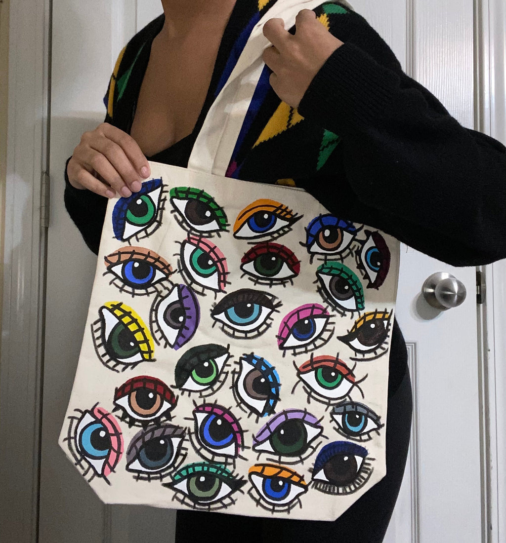 Optic Totes | hand painted | eye | tote bag | trendy | bag | purse | painted | colorful | cute | outfit | handbag | boho | hippie | canvas |