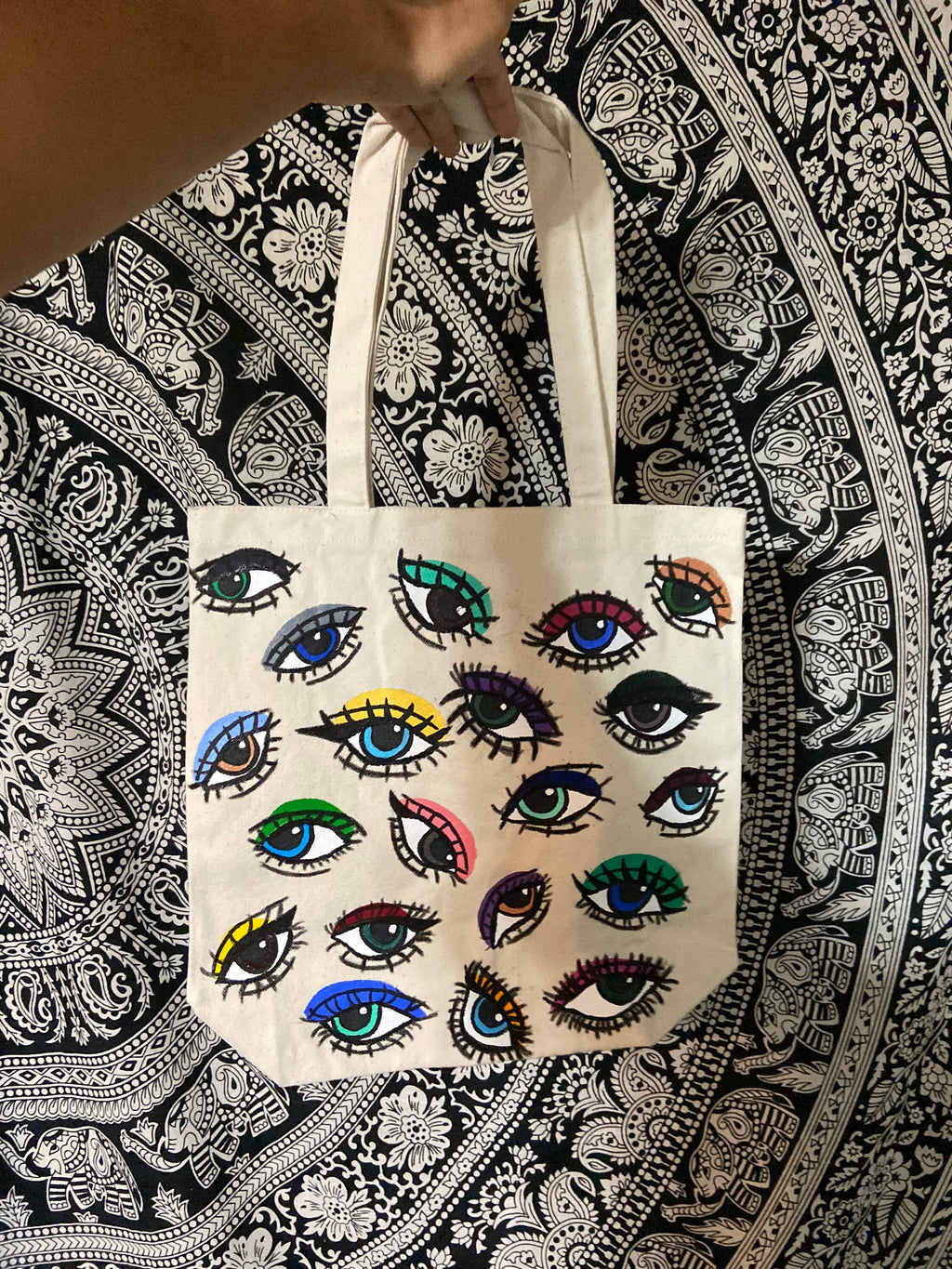 Optic Totes | hand painted | eye | tote bag | trendy | bag | purse | painted | colorful | cute | outfit | handbag | boho | hippie | canvas |