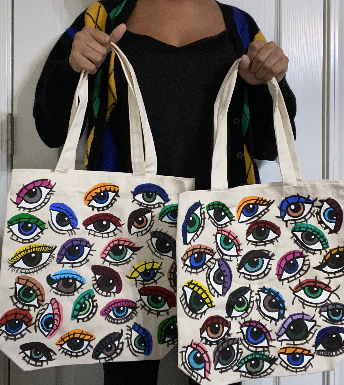 Optic Totes | hand painted | eye | tote bag | trendy | bag | purse | painted | colorful | cute | outfit | handbag | boho | hippie | canvas |