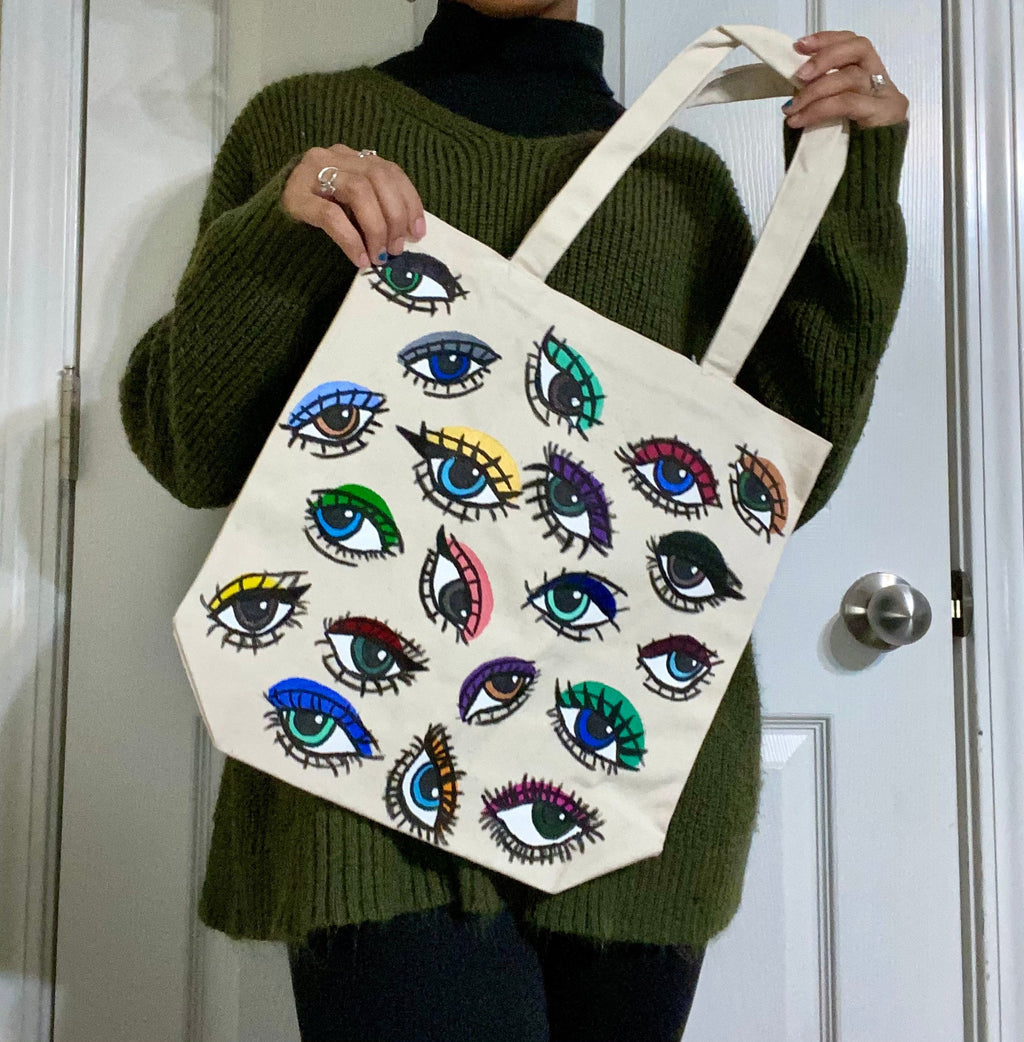 Optic Totes | hand painted | eye | tote bag | trendy | bag | purse | painted | colorful | cute | outfit | handbag | boho | hippie | canvas |