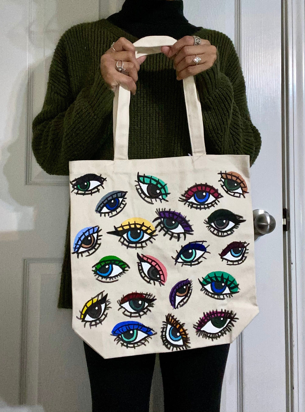 Optic Totes | hand painted | eye | tote bag | trendy | bag | purse | painted | colorful | cute | outfit | handbag | boho | hippie | canvas |