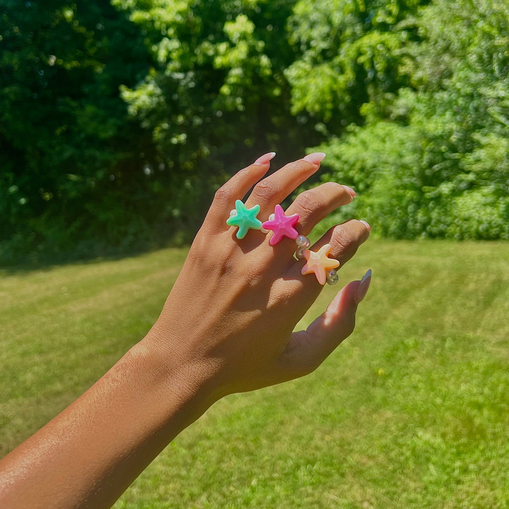 starfish rings | beaded rings | pearl rings | ocean rings | beachy ring | stretchy rings | gifts for ring lovers | gifts ideas