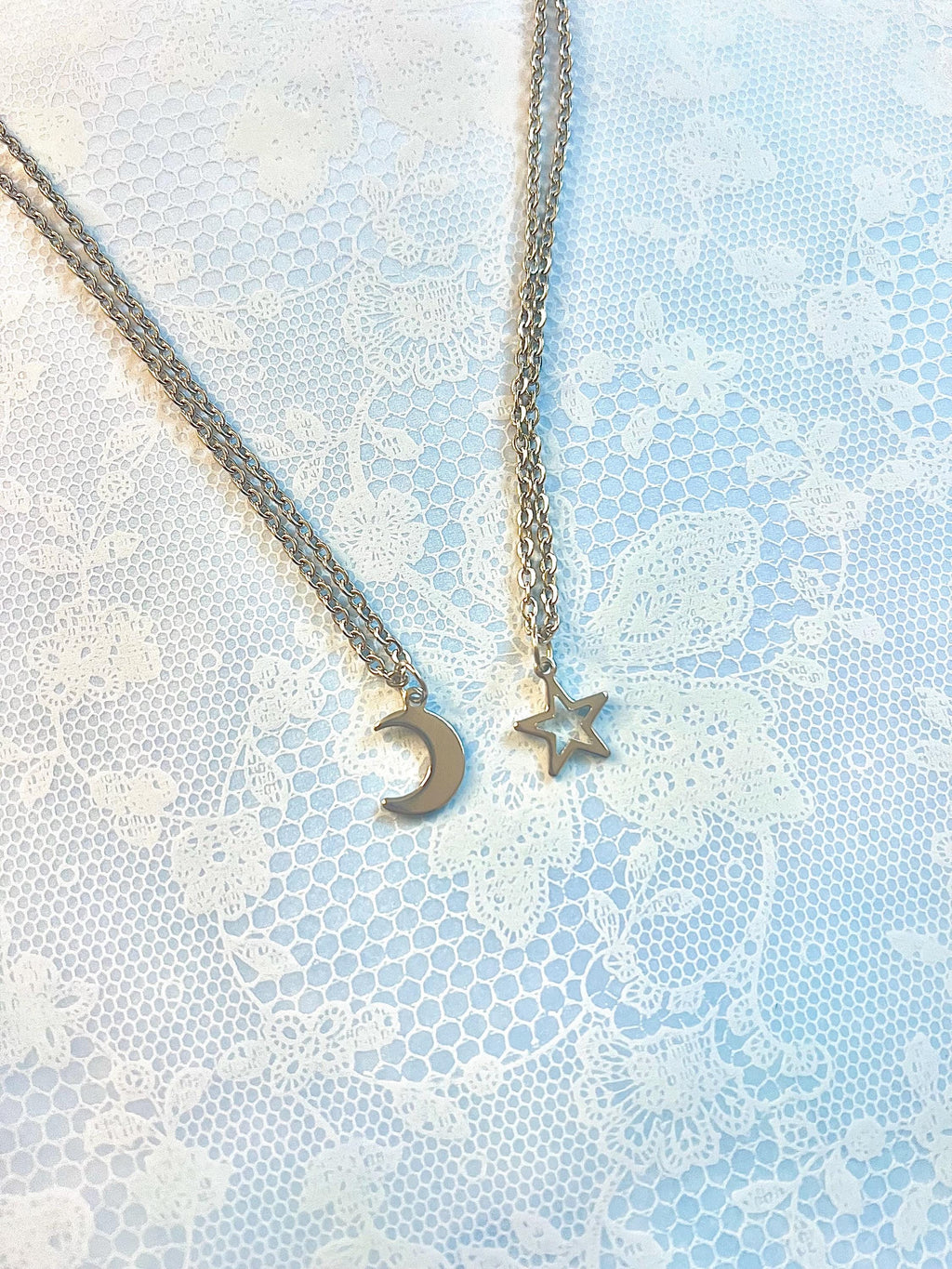 moon and star necklaces | silver jewelry | star jewelry | matching necklace | best friend necklace | moon necklace | everyday nevklace |
